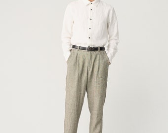 Sizes: S, M; Ready to ship Tapered linen pants for men with zipper and elastic back, slightly pleated linen trousers NIKO