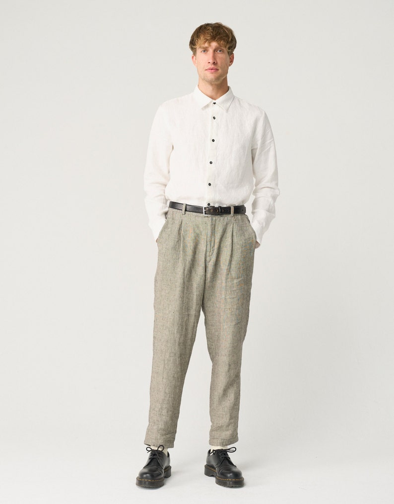 Pantalon fuselé en lin pour homme avec fermeture éclair et dos élastique, pantalon en lin légèrement plissé NIKO image 3