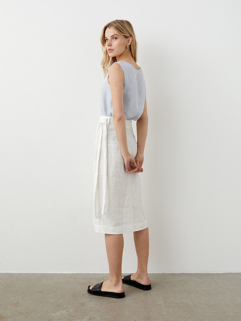 Wrap linen skirt, midi linen skirt with belt, straight cut skirt SOUL image 3