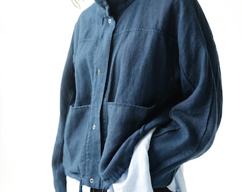 Giacca oversize reversibile in lino con tasche, blazer corto in lino pesante, giacca ampia da donna KAYLA / abbigliamento sostenibile fatto a mano