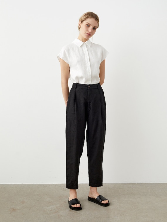 Tapered Linen Pants With Pockets, High Waisted Linen Trousers for Women,  Pleated Pants With Zipper PLUM 