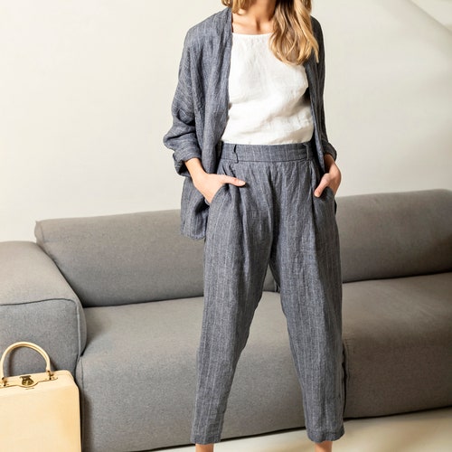 High waist linen pants for women, wide leg pants, tapered pants, organic linen trousers PLUM