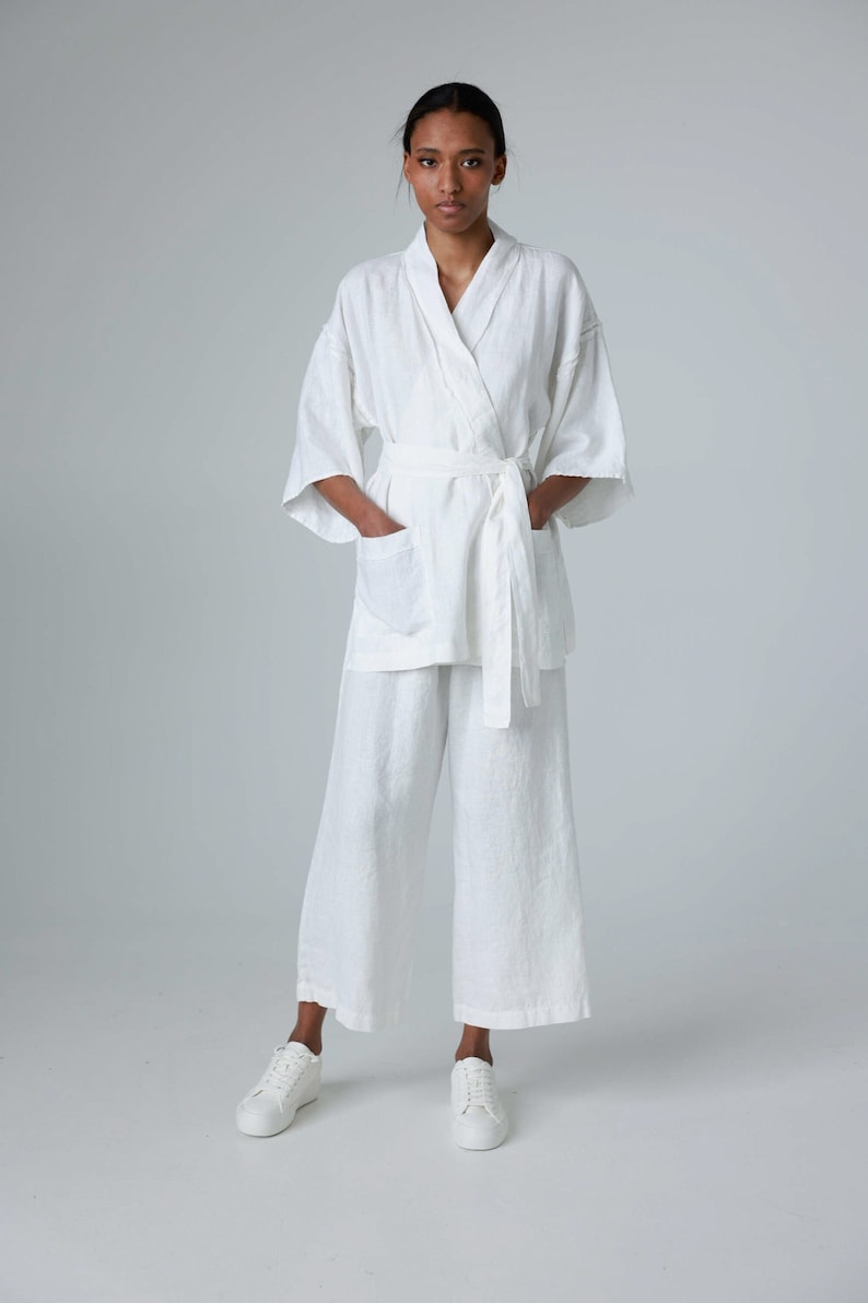 Linen kimono jacket with raw-edge details, linen jacket for women with kimono sleeves FUDO image 1