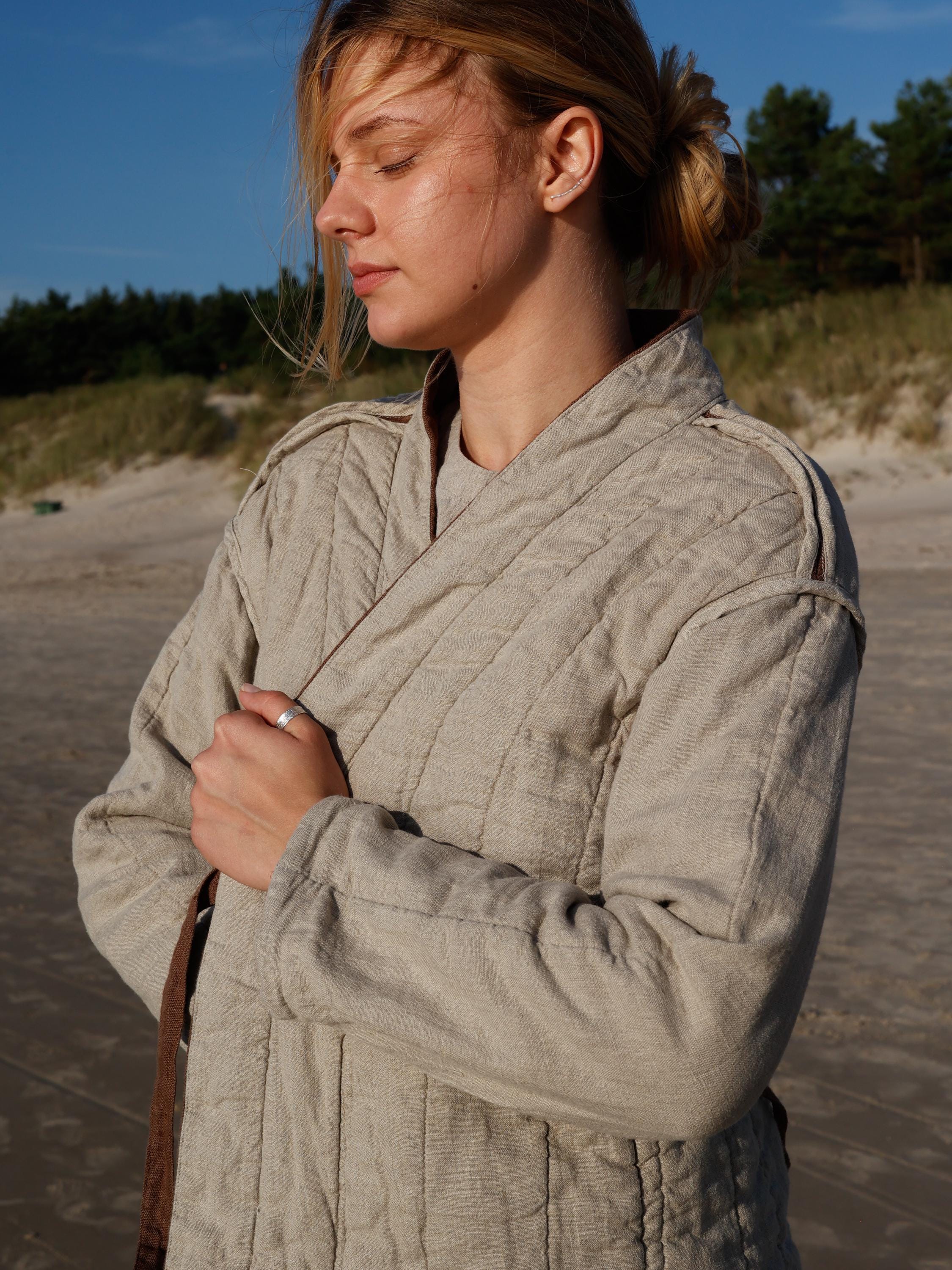 Quilted Linen Jacket, Linen Padded Coat With Pockets, Warm Kimono