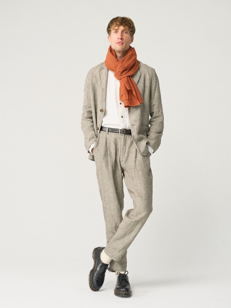 Tapered linen pants for men with zipper and elastic back, slightly pleated linen trousers NIKO zdjęcie 1