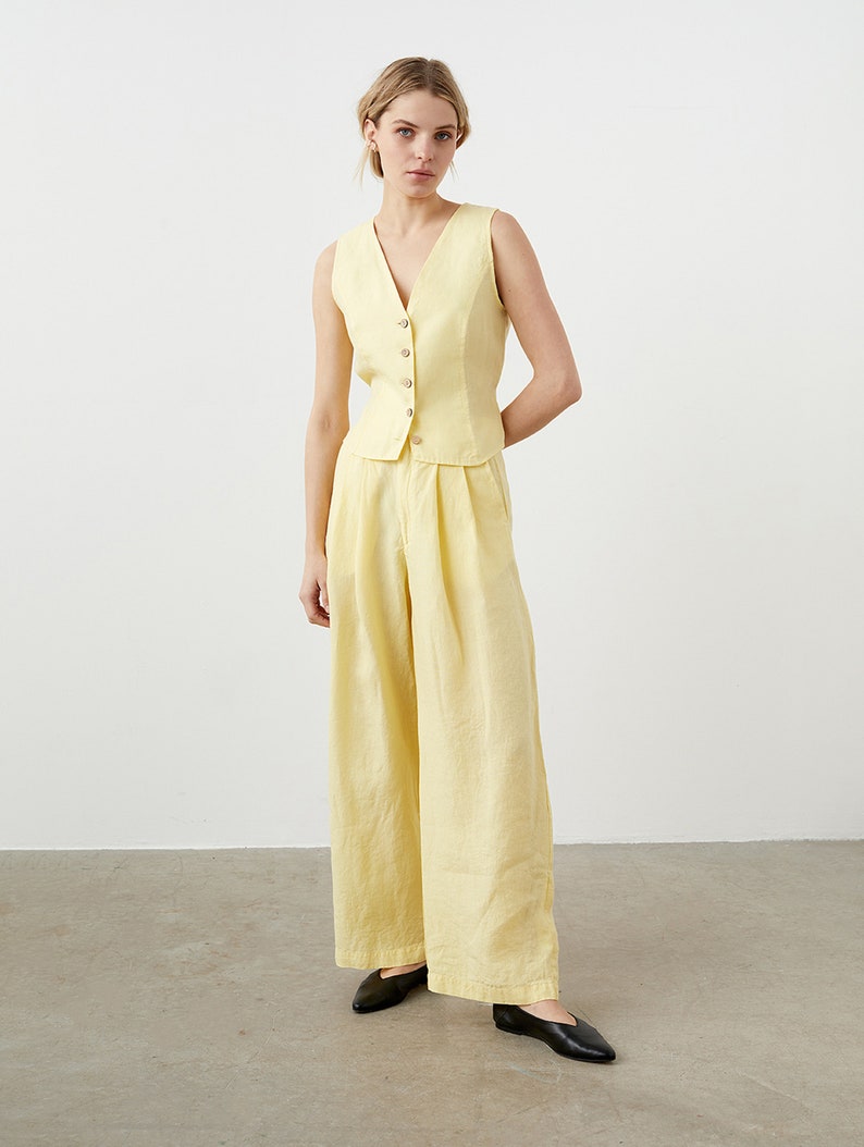 Wide leg linen pants with pockets, high waisted palazzo pants for women, pleated linen trousers MUSCAT image 3