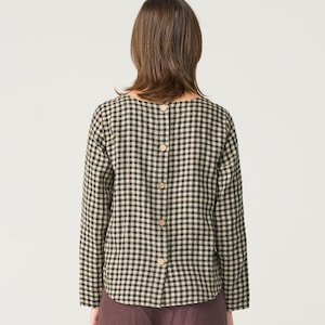 Long sleeve linen blouse with buttoned back, linen top with boat neck, office linen blouse, checkered linen shirt DEDE image 3