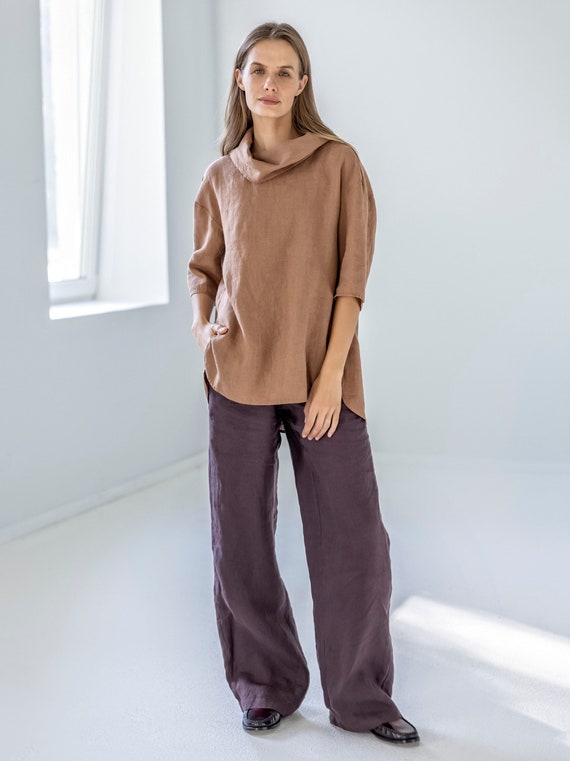 Roll Neck Linen Top, Drop-shoulder Linen Blouse, Linen Top With Side Slits,  Pleated Linen Blouse, Fashionable Linen Blouse ÉCLAIR 