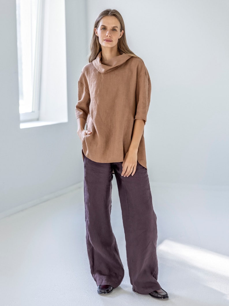 Size: S Ready to ship Roll neck linen top, funnel neck blouse, linen turtleneck top, long sleeve linen shirt with slits ECLAIR image 1