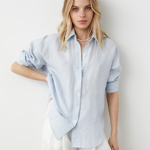 Size: M/L; Ready to ship Loose linen shirt with wide cuffs, oversize linen shirt, buttoned linen shirt for women with classic collar SEATTLE