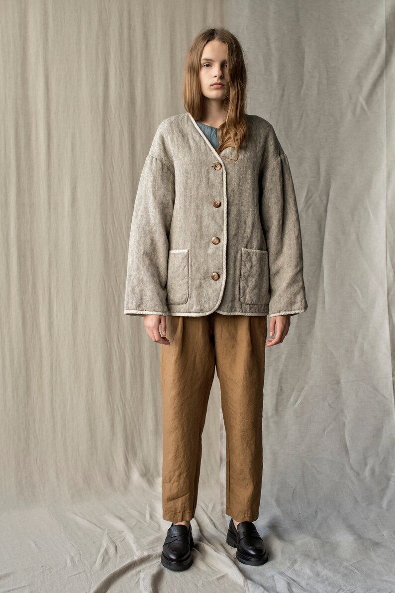 Quilted Jacket With Pockets Heavy Linen Jacket Women Etsy