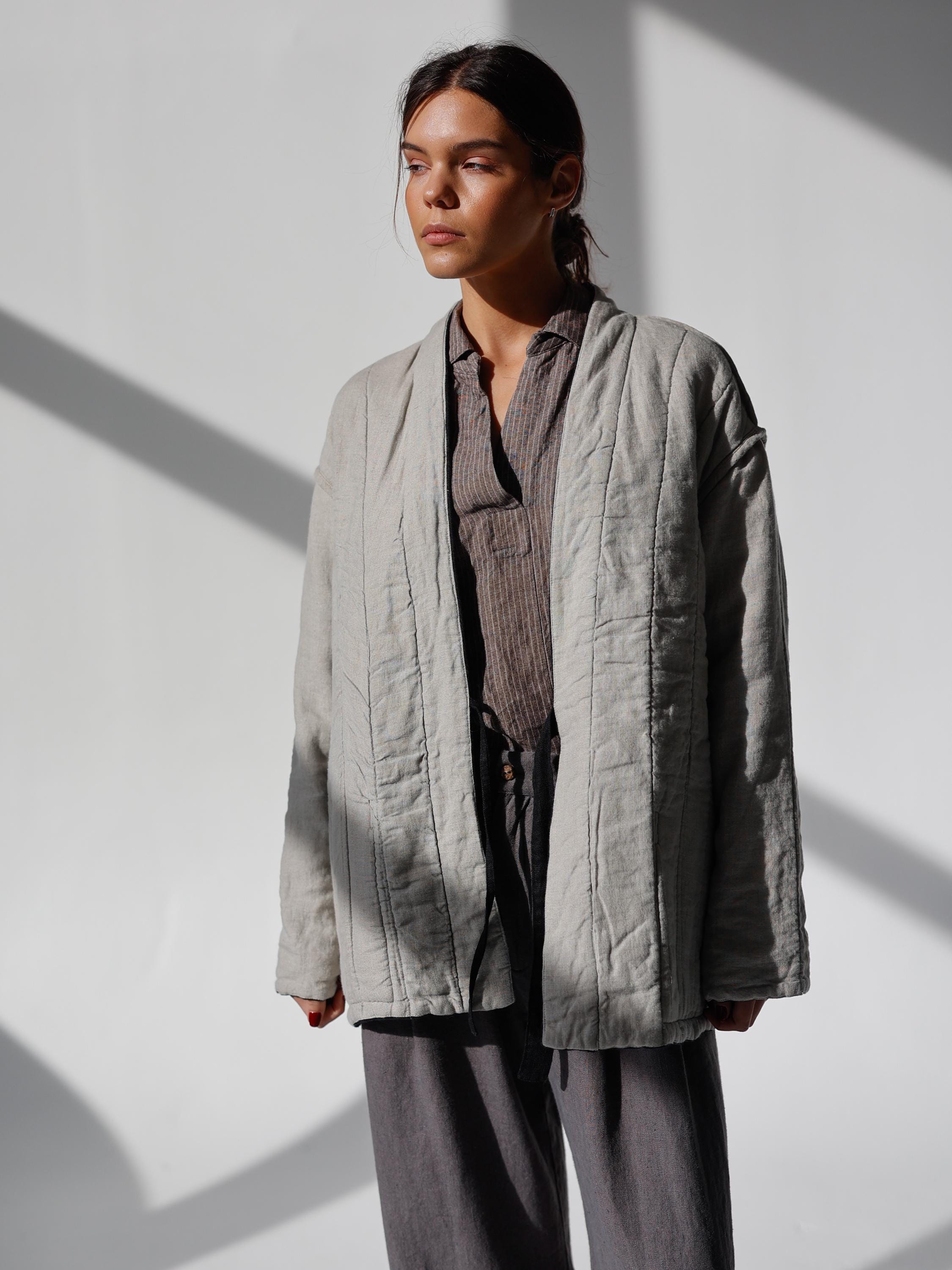 Reversible Quilted Linen Coat With Pockets, Padded Wrap Linen