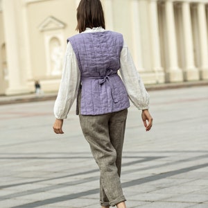 Quilted vest for women, reversible linen vest, tie side vest, padded utility vest LINA image 7