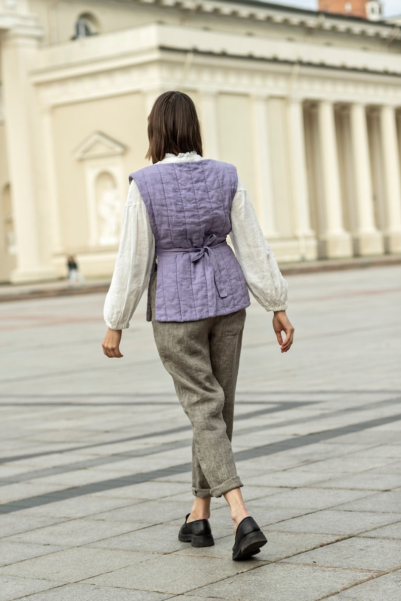 Quilted vest for women, reversible linen vest, tie side vest, padded utility vest LINA image 7