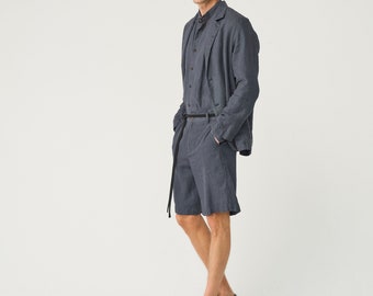 Heavy linen shorts for men with elastic back, buttoned linen bermudas with pockets LIMA