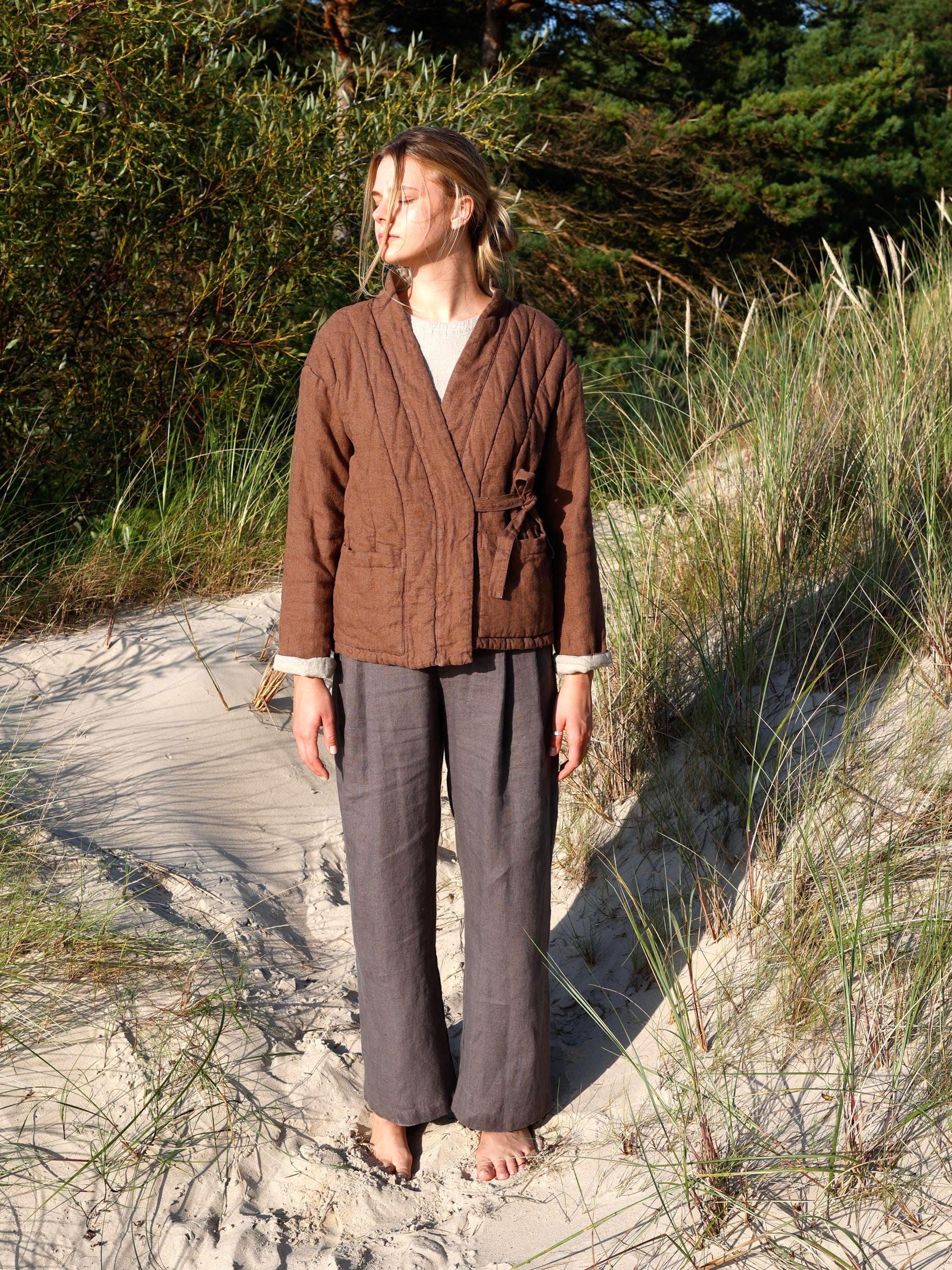 Quilted Linen Jacket, Linen Padded Coat With Pockets, Warm Kimono