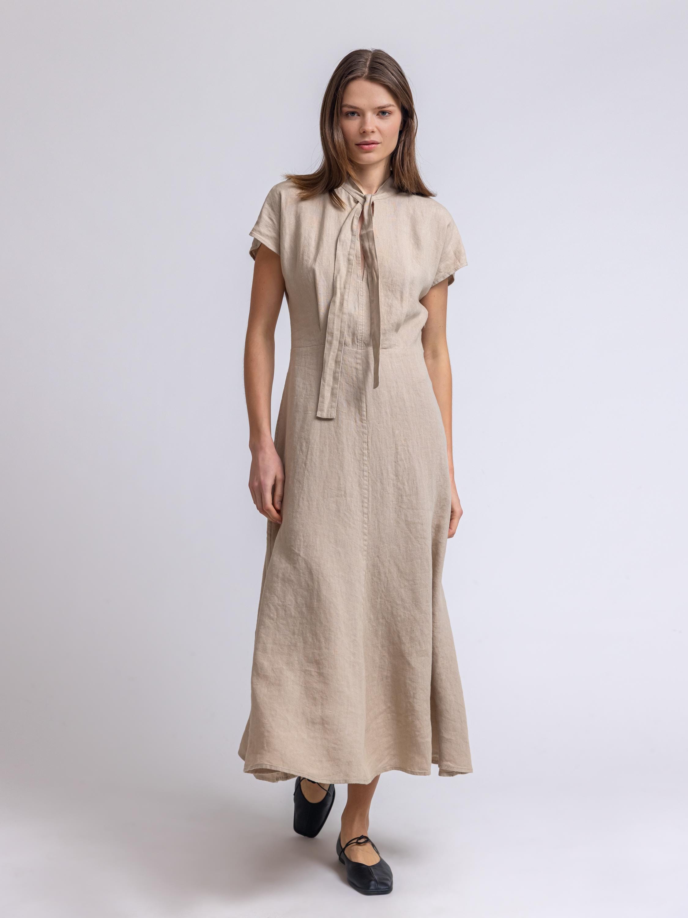 Maxi Linen Dress With Tie-Neck Collar, Long Short Sleeves, Flared Dress, Fitted Midi Tala