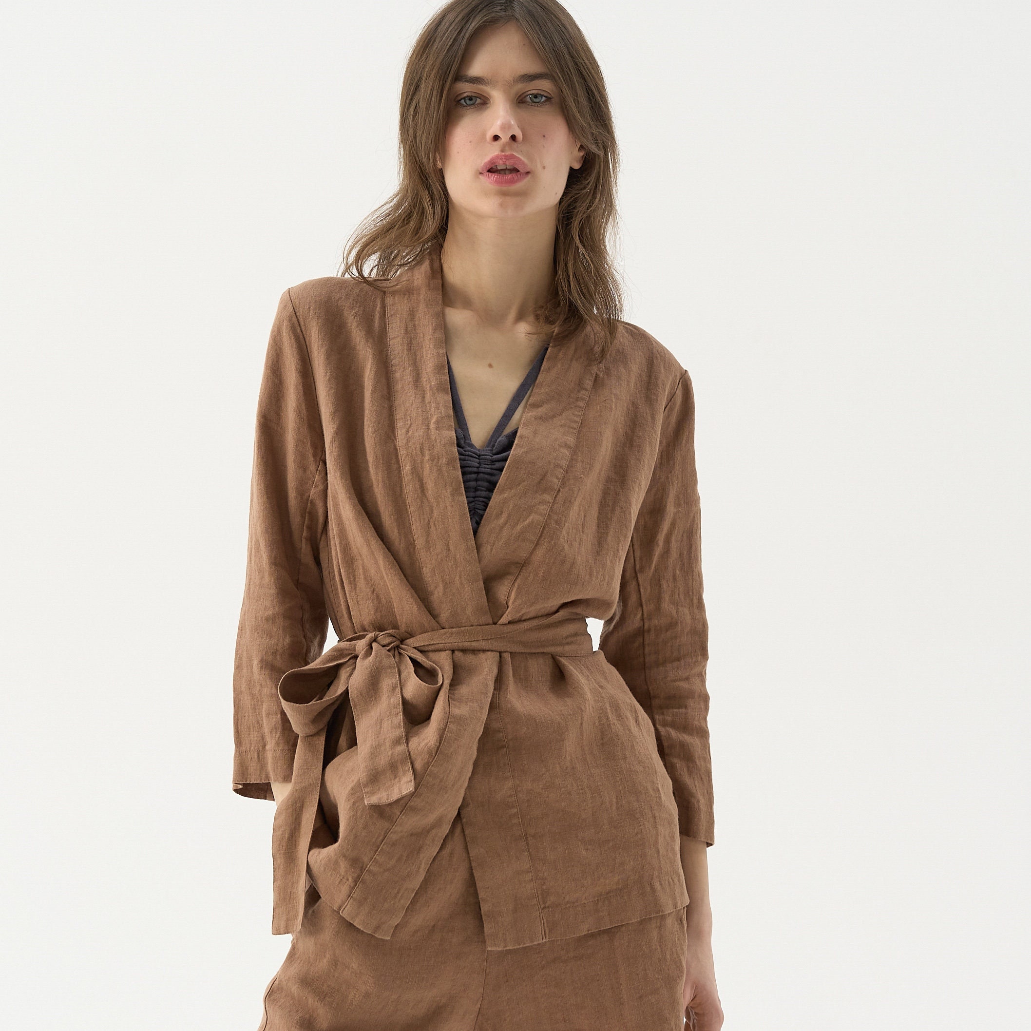 Size: M; Ready-to-ship Linen kimono jacket, linen jacket women, heavy linen cardigan, kimono robe, kimono cardigan SENSEI