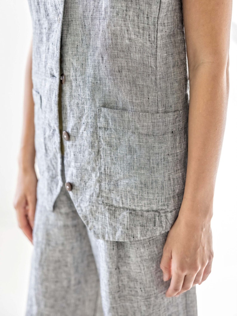 Buttoned linen vest for women, oversized linen waistcoat, relaxed vest with pockets BIRCH image 4