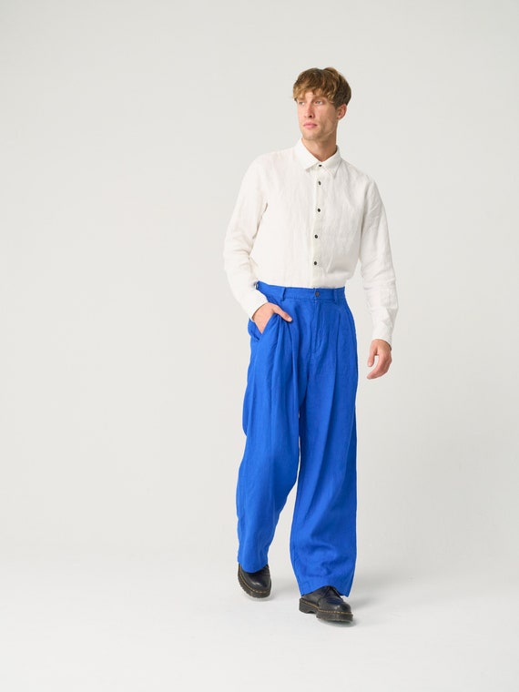 Striped Wide Leg Linen Pants With Self Belt in Light Blue Multi