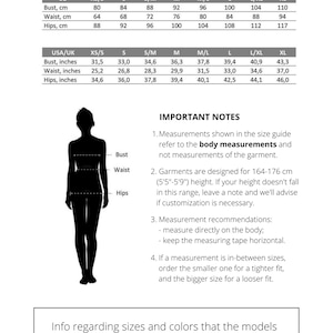 May include: A sizing chart with measurements in inches and centimeters for bust, waist, and hips. The chart includes EU and USA/UK sizes, with XS/S to XL options. Important notes and measurement recommendations are also included.