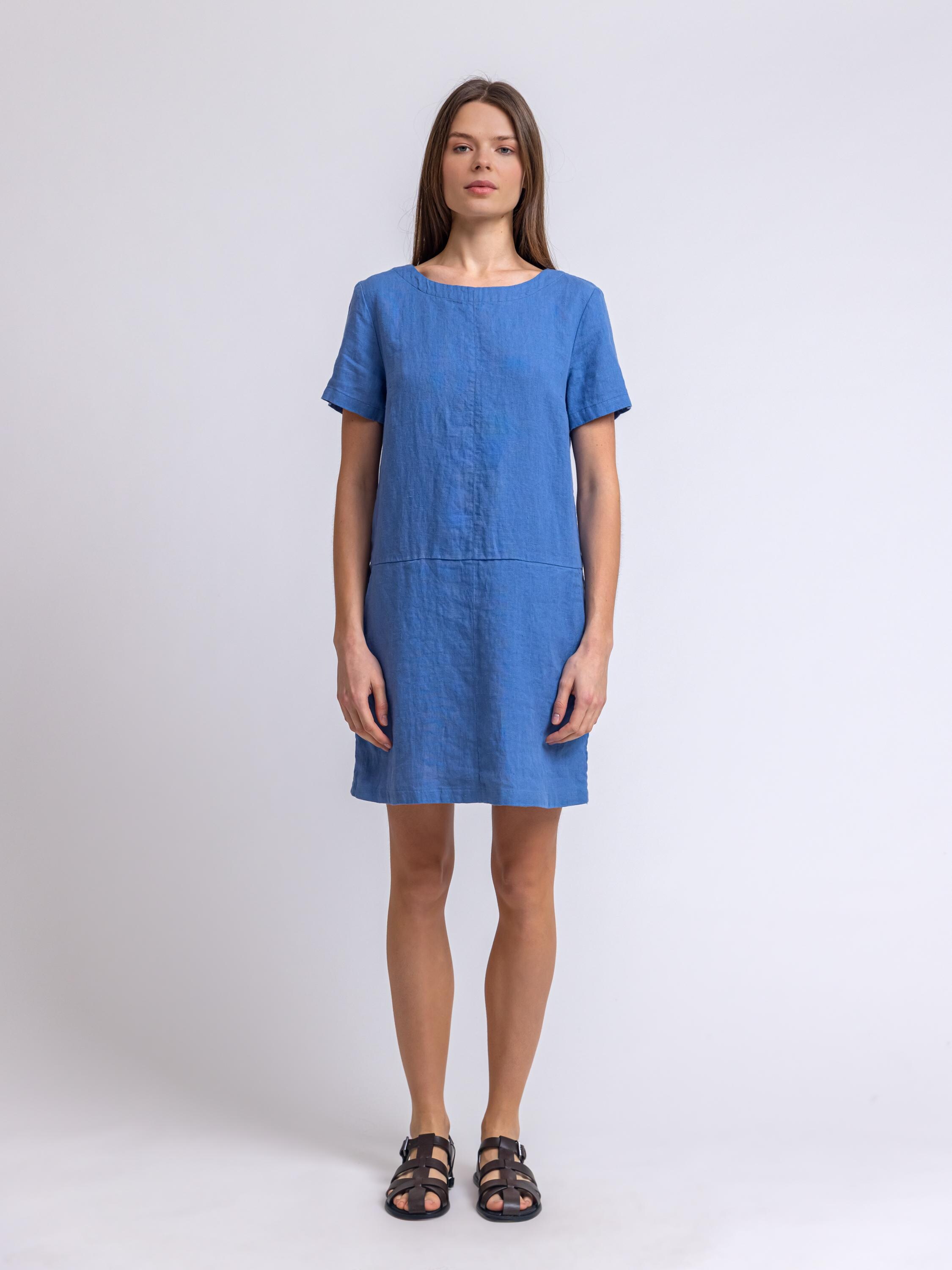 60s Linen Dress, Short Linen Dress, Linen Mini Dress with Crew Neck and Short Sleeves, Linen Tunic Dress with Pockets, Retro Dress Aldona