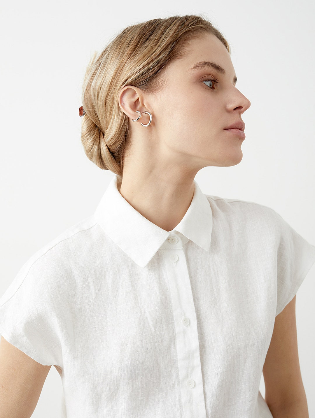 Quince White European Linen Long Sleeve Shirt sz L Women's Button Front  Blouse