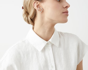 Cap-sleeve linen shirt with a classic collar, button-down linen shirt, casual linen shirt, summer office blouse OXFORD