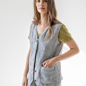 Buttoned linen vest for women, oversized linen waistcoat, relaxed vest with pockets BIRCH image 3