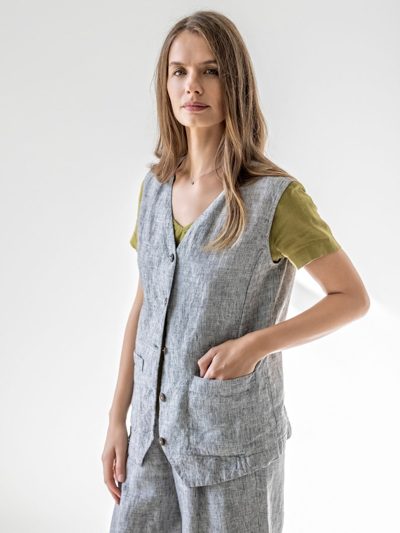 Buttoned linen vest for women, oversized linen waistcoat, relaxed vest with pockets BIRCH image 3