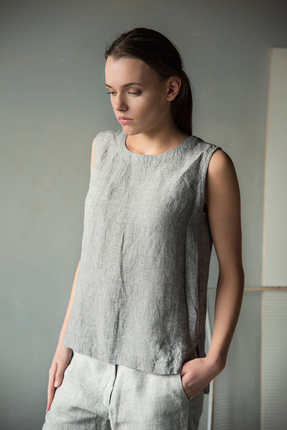 Loose linen tank top in grey white for women sleeveless linen Etsy