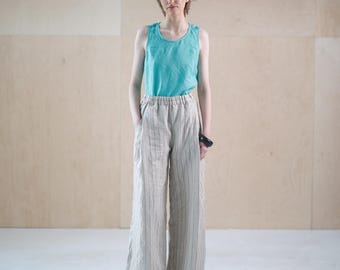 Wide linen-silk trousers with pleats, loose linen pants with elastic waist, straight legged pants, long linen trousers with pocket PETRA