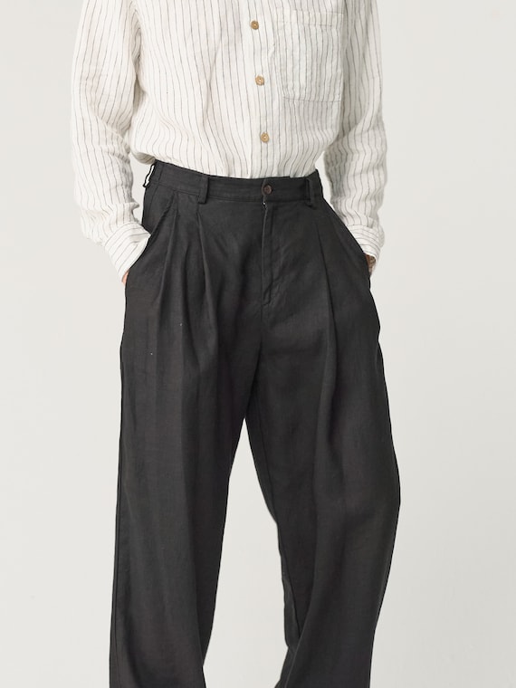 Wide Leg Linen Pants for Men, Heavy Linen Trousers With Pockets