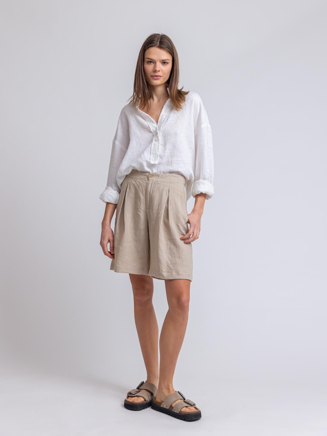 Loose-Fit Long-Sleeve V-Neck Linen Shirt