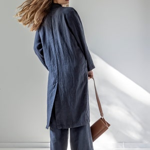 Double-breasted linen trench coat, heavy linen coat with pockets, long linen jacket for women MIST image 5