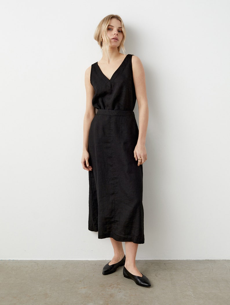 Linen midi skirt with pockets, A line skirt, long linen skirt, apron skirt, high waist skirt OPUS image 2