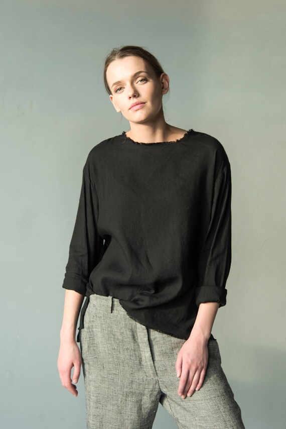 Loose black linen top for women linen blouse with long Etsy