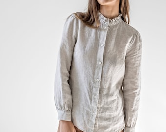 Ruffled collar Victorian blouse, raw edge linen blouse, high collar Edwardian blouse, button-down linen shirt, long sleeve linen top ALICE