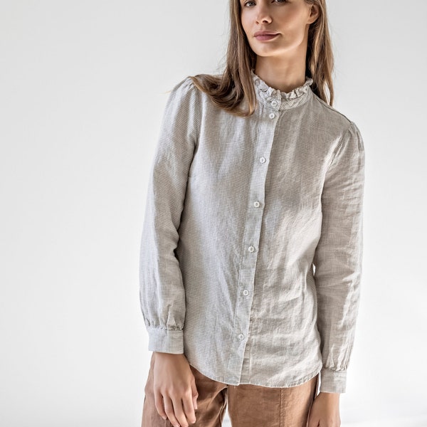 Ruffled collar Victorian blouse, raw edge linen blouse, high collar Edwardian blouse, button-down linen shirt, long sleeve linen top ALICE