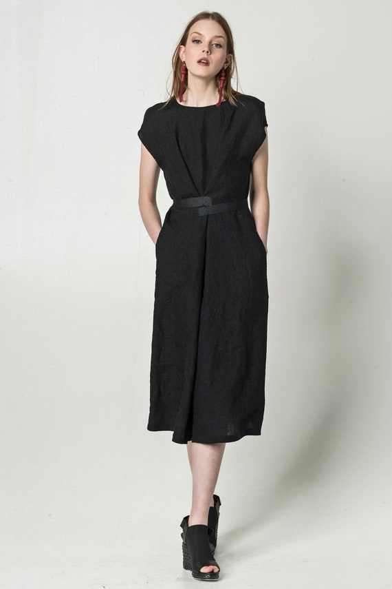 Black linen dress linen midi dress 