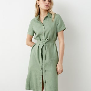 Linen shirtdress with short sleeves, A-line linen summer dress with classic collar, linen midi shirt dress with belt, casual linen dress EVA image 4