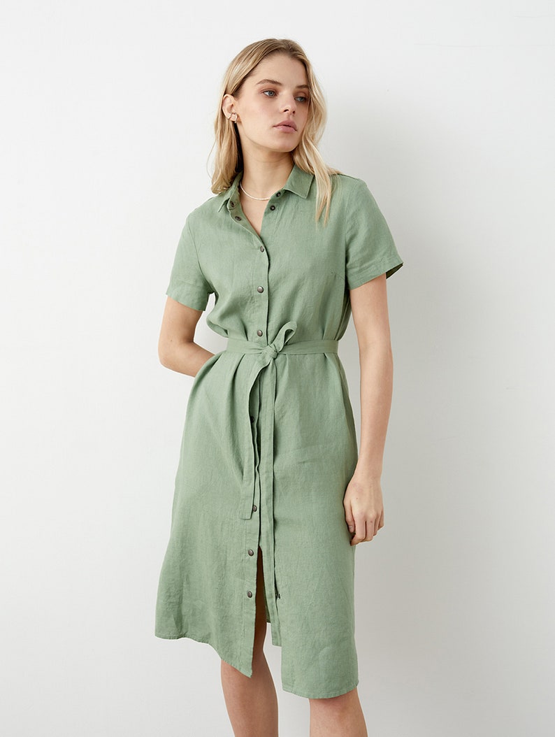 Linen shirtdress with short sleeves, A-line linen summer dress with classic collar, linen midi shirt dress with belt, casual linen dress EVA image 4