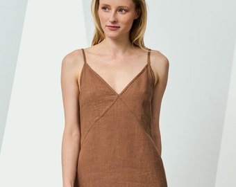 V-neck Maxi Linen Dress With Spaghetti Straps, Linen