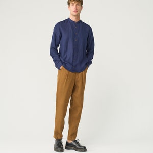 Tapered linen pants for men with zipper and elastic back, pleated heavy linen trousers NIKO zdjęcie 6