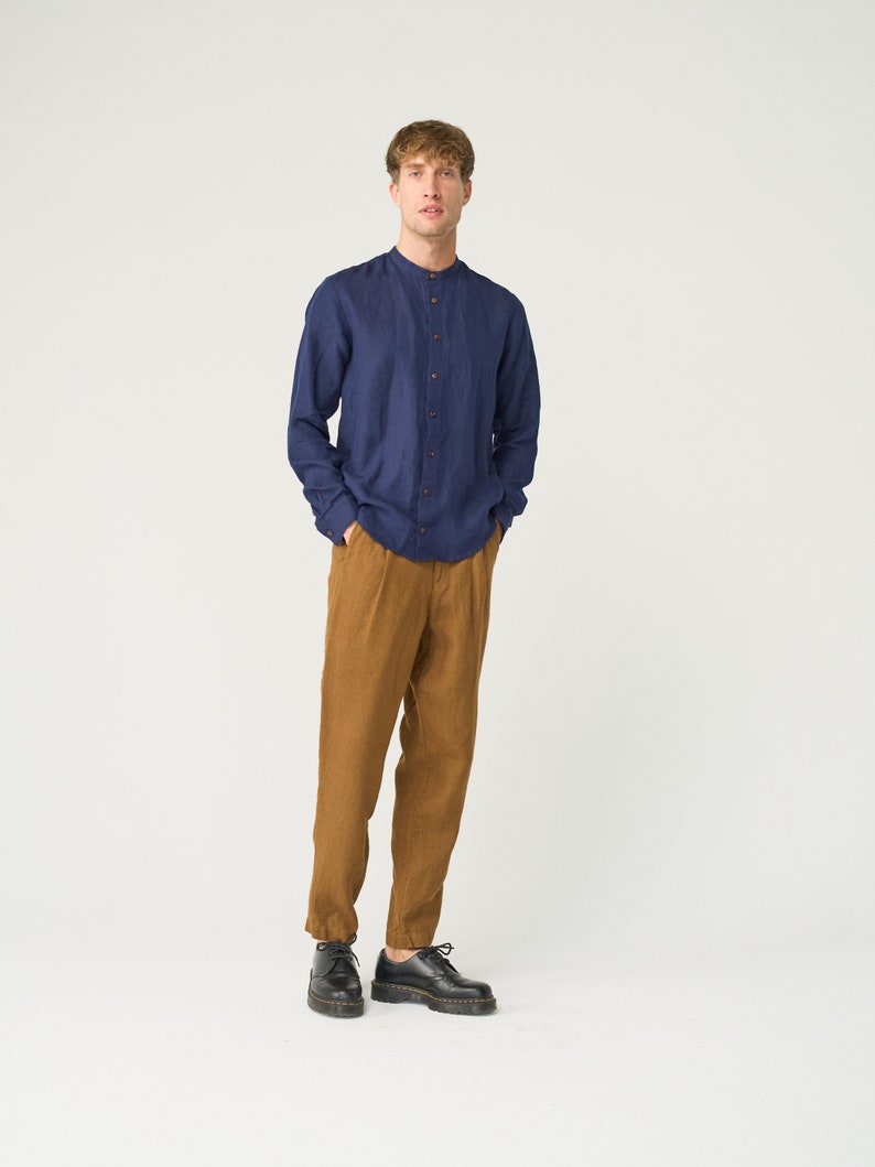 Tapered linen pants for men with zipper and elastic back, pleated heavy linen trousers NIKO image 6