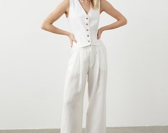 Palazzo linen trousers, wide leg linen pants with pockets, loose-leg trousers with pleats, masculine cut pants CASABLANCA