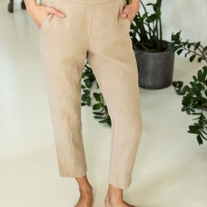 Heavy linen tapered pants with pockets, cropped linen trousers, linen pants for women LATTE image 2