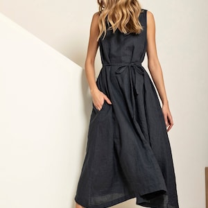 Linen maxi dress, extra flowy linen kaftan dress with pockets and belt MAGNUM image 6