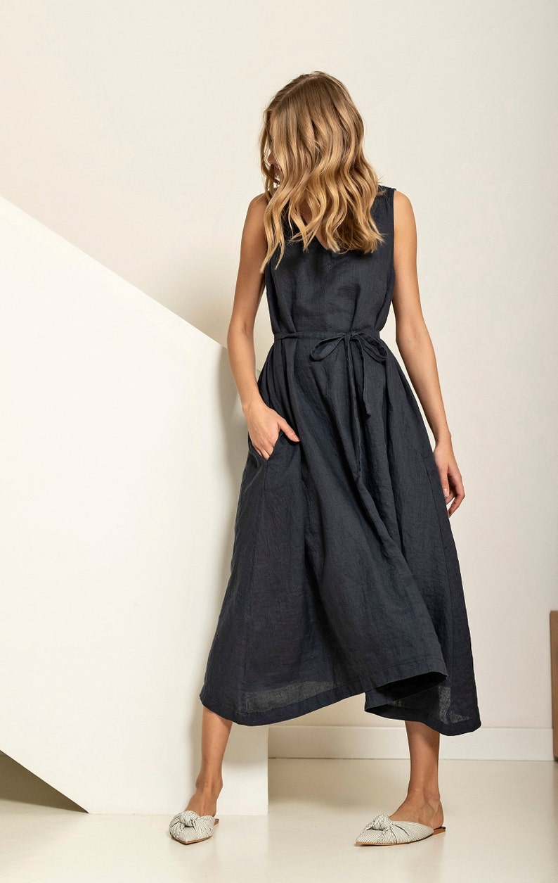 Linen maxi dress, extra flowy linen kaftan dress with pockets and belt MAGNUM image 6