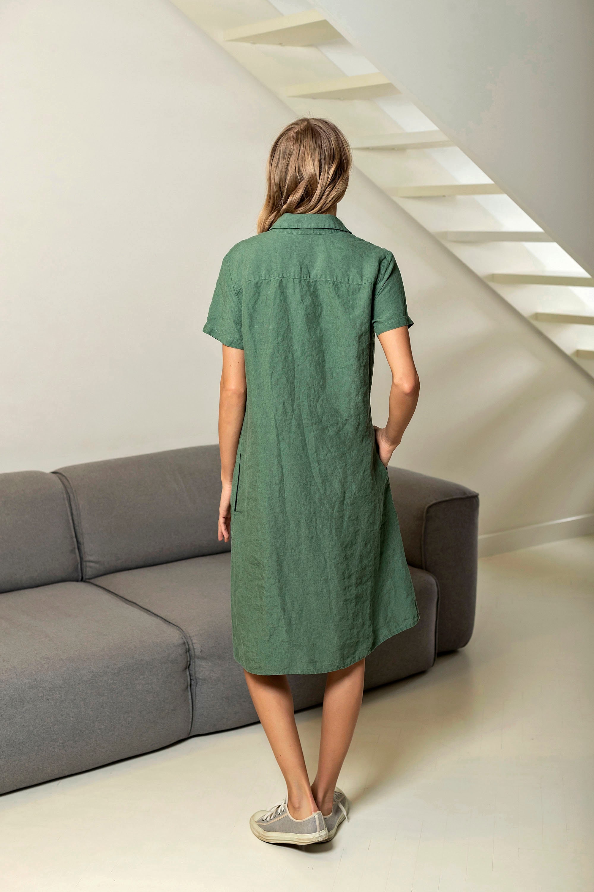 Linen Shirt Dress Linen Midi Dress Linen Dress Green EVA - Etsy ...
